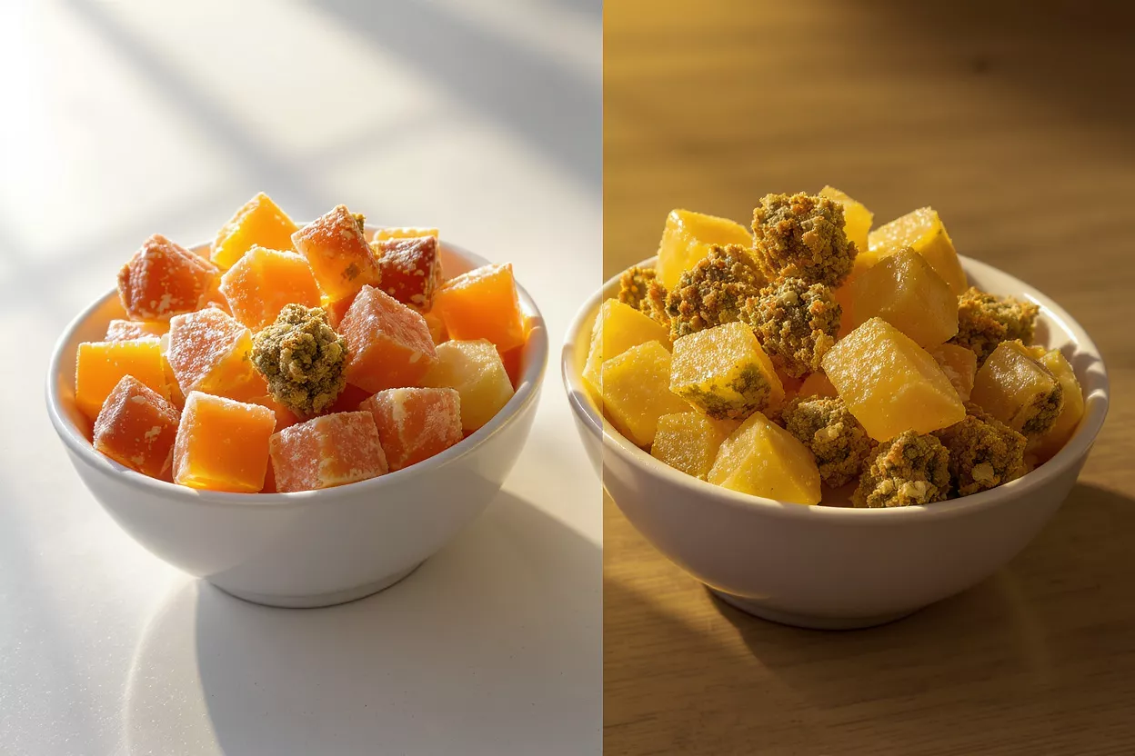 Dried Fruit and Cannabis Bowls Two bowls of dried fruit and cannabis, one in bright light, one in warm light.