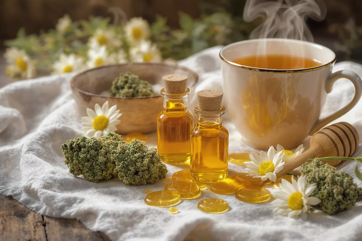 CBD Oil, Tea, and Chamomile CBD oil bottles, cannabis buds, chamomile flowers, and steaming tea on a white cloth.