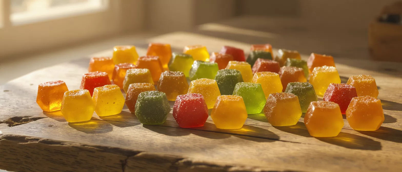 Close-up of vibrant, sugar-dusted gummy candies in various colors on a wooden surface.