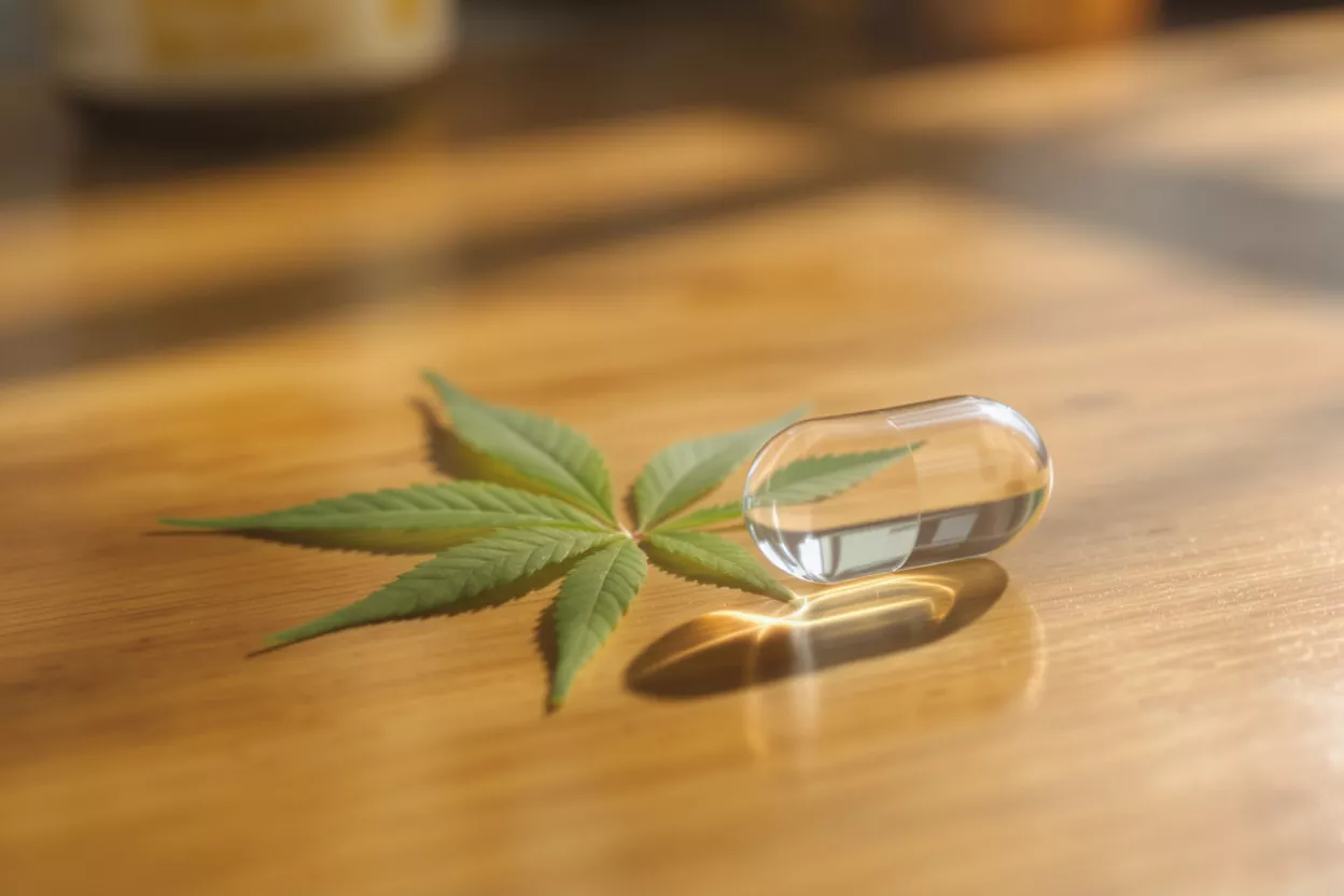 A vibrant green cannabis leaf next to a clear CBD oil capsule on a wooden surface.