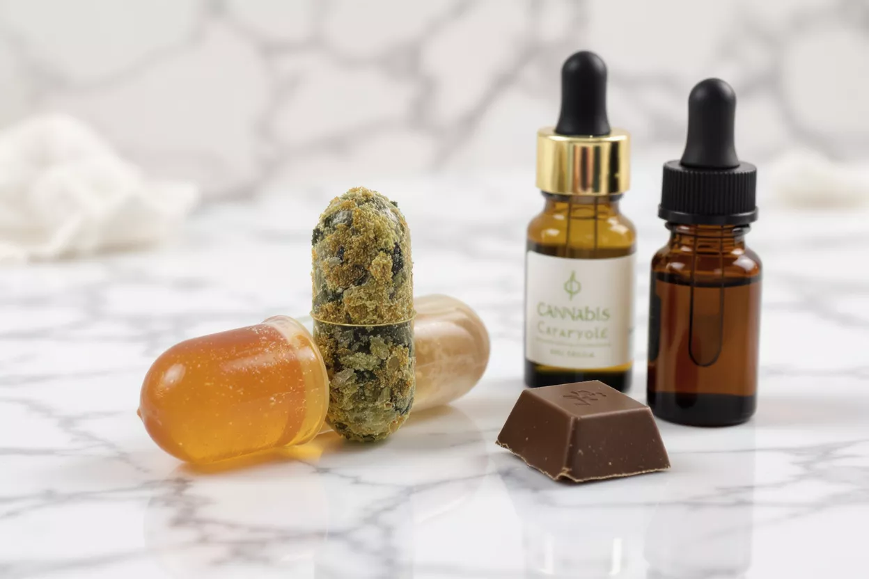 Cannabis capsule, CBD oil, and chocolate on a marble surface.
