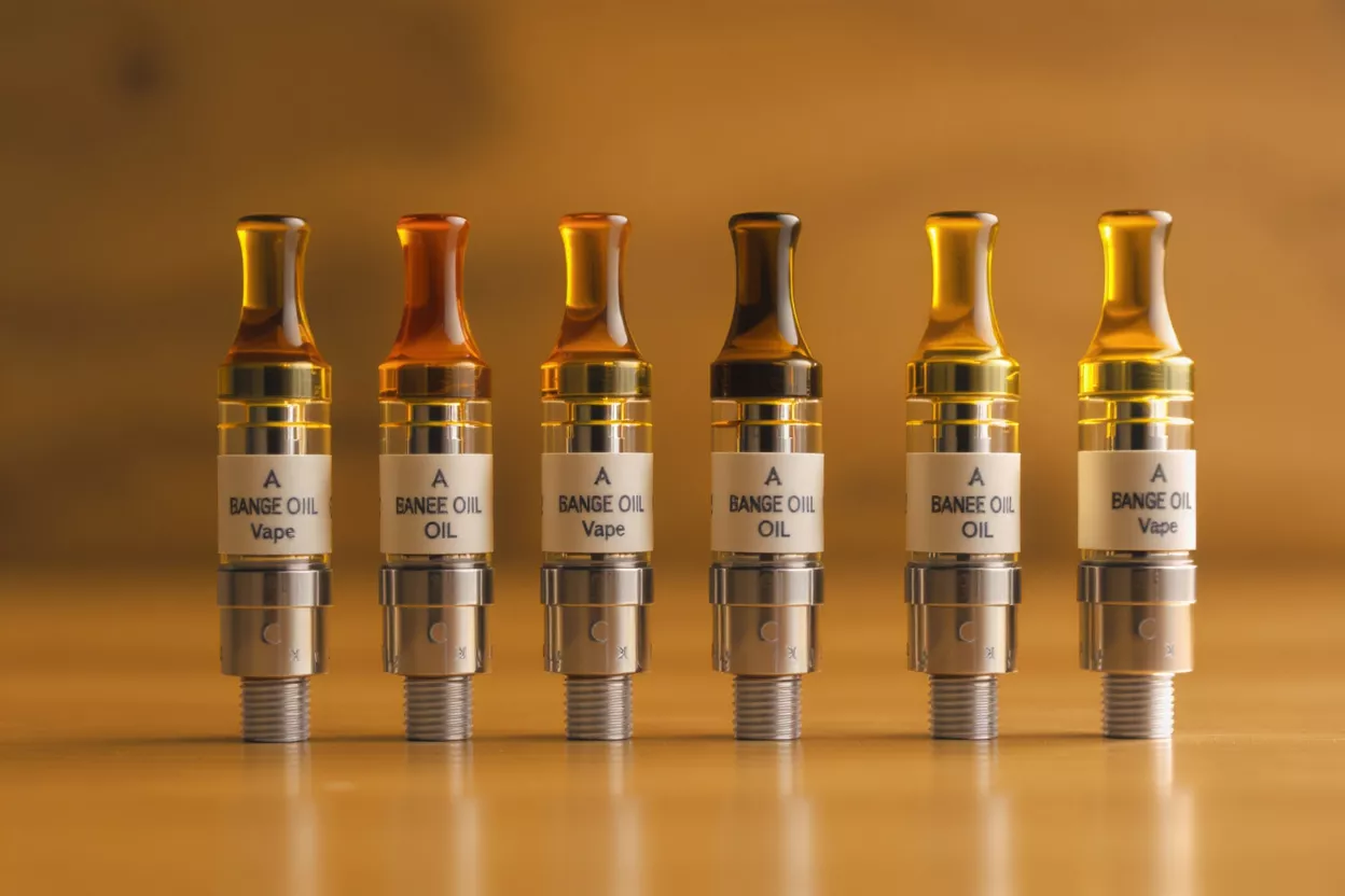 Six Bange Oil vape cartridges in a row on a wooden surface.
