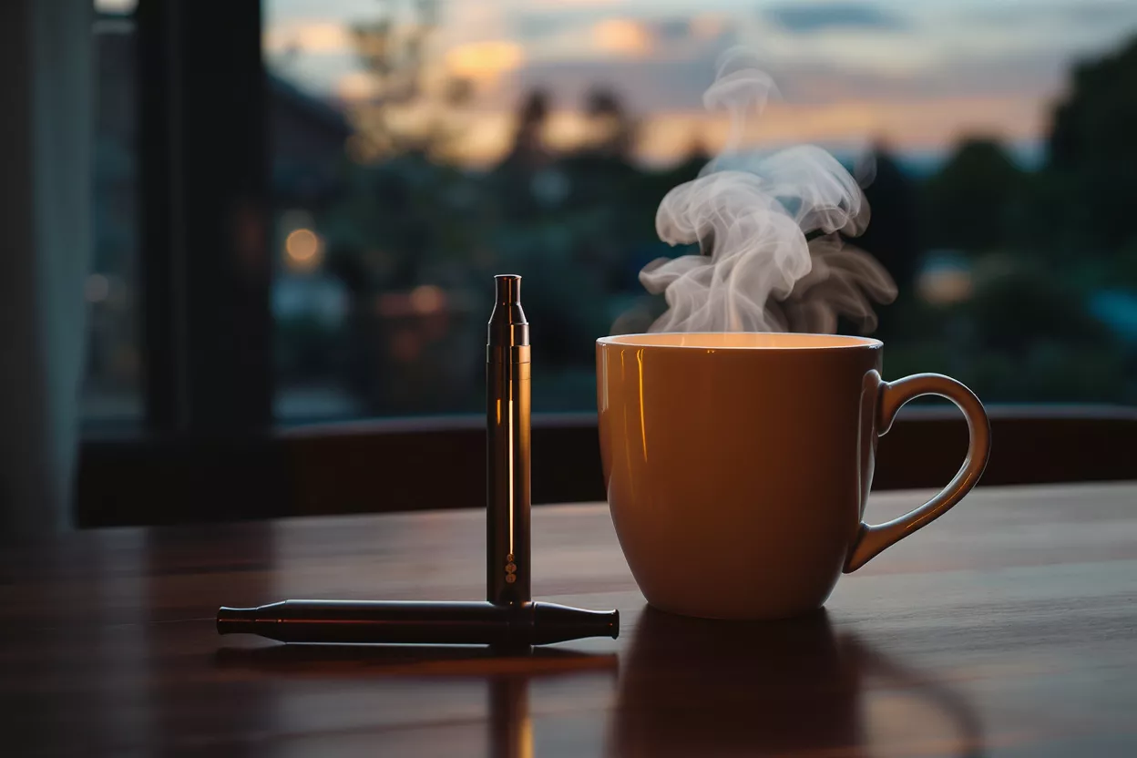 A vape pen next to a steaming mug of coffee on a wooden table.