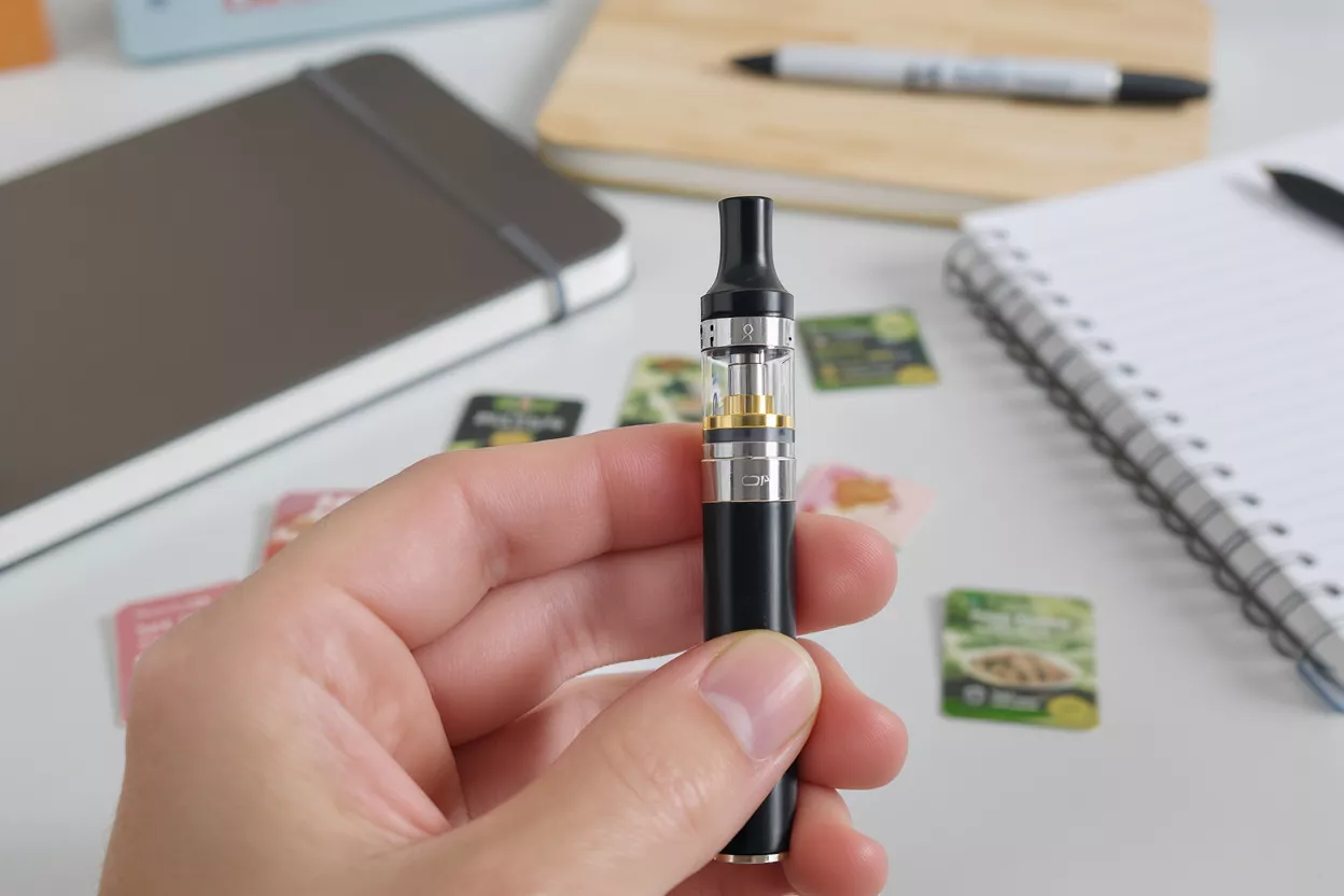 A hand holds a black and silver vape pen over an office desk.