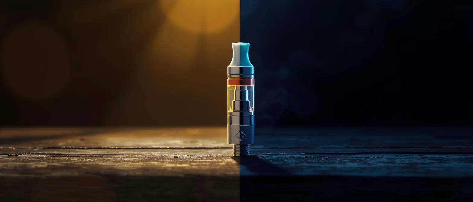 Vape pen cartridge with clear tank, metallic base, and light blue mouthpiece.