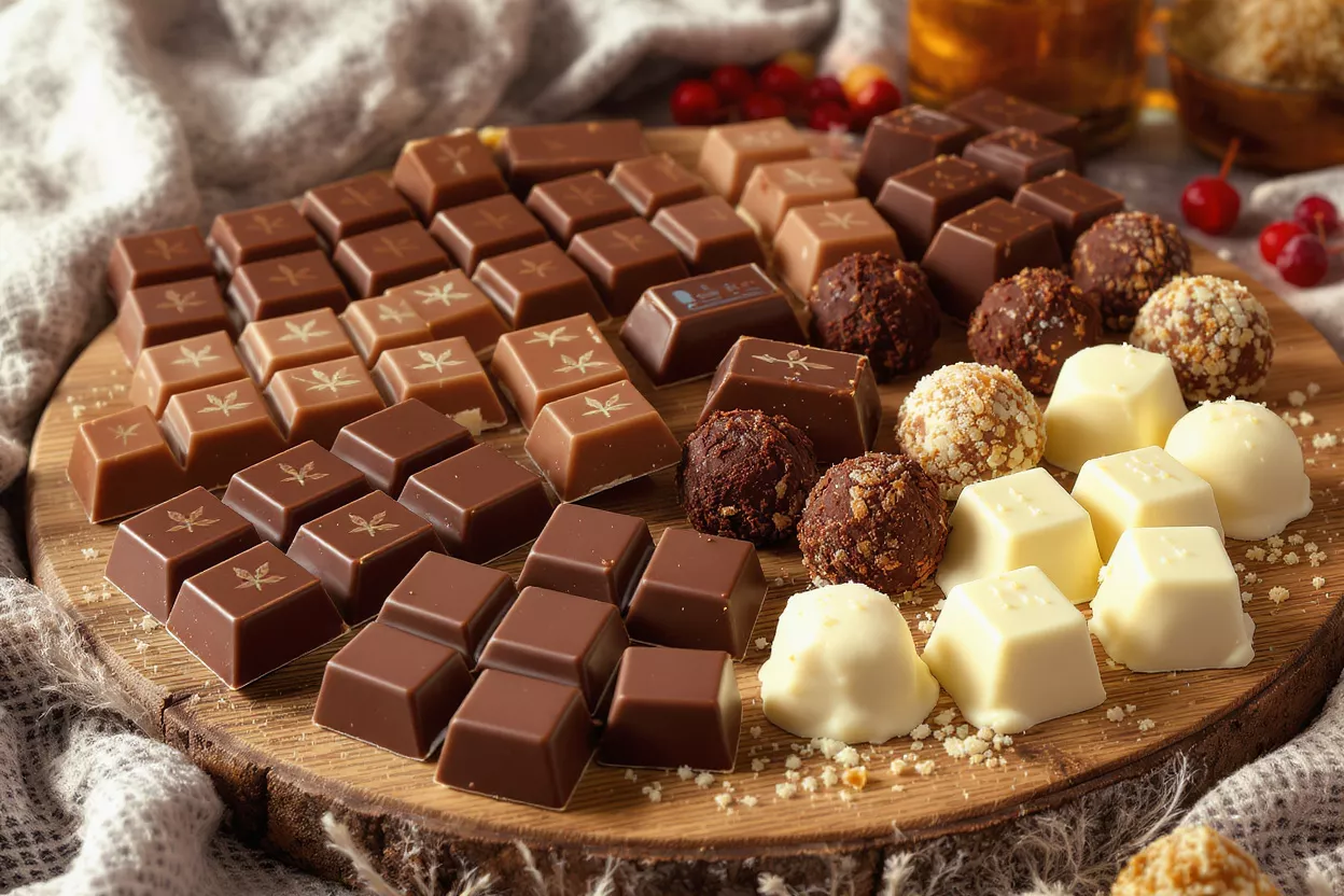 A wooden board filled with various milk, dark, and white chocolates and truffles.