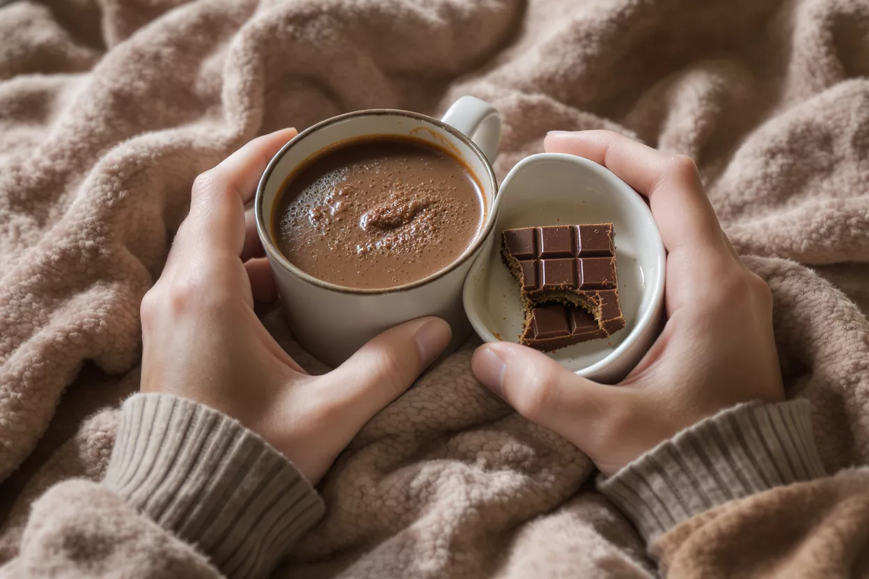 Hands holding a mug of hot chocolate and a chocolate bar on a cozy blanket.