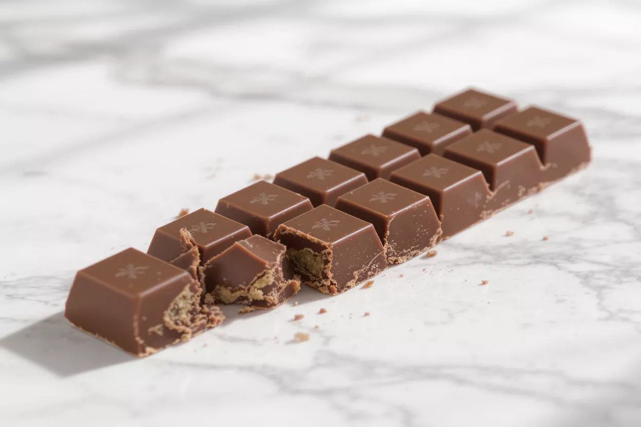Milk chocolate bar with filling, broken into squares on a marble surface.