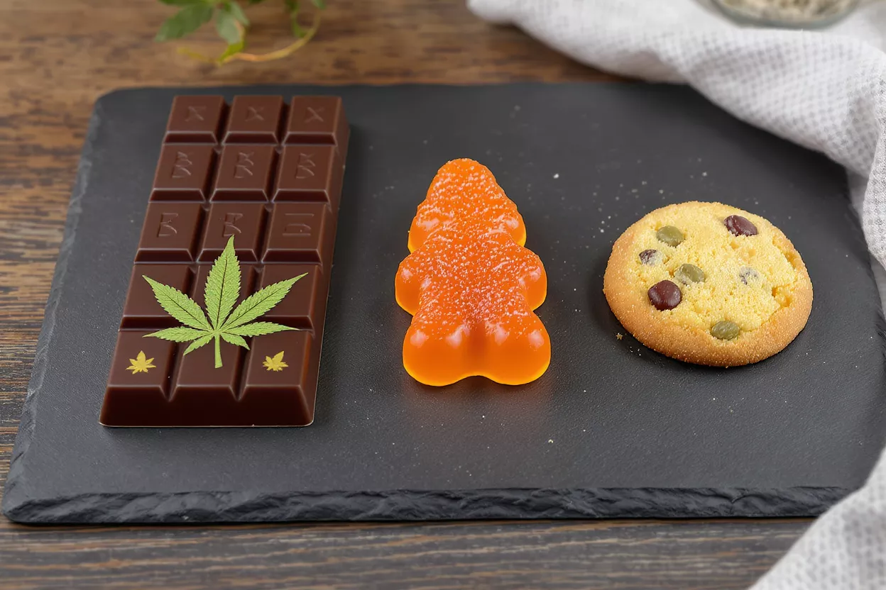 Chocolate bar with cannabis leaf, orange gummy, and cookie on a black slate.