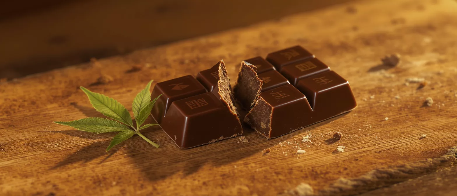 Broken cannabis chocolate bar with a green leaf on a wooden surface.