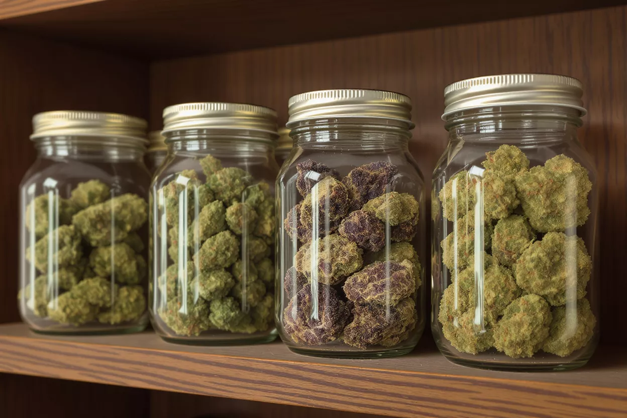 Four glass jars filled with green and purple cannabis buds on a wooden shelf.