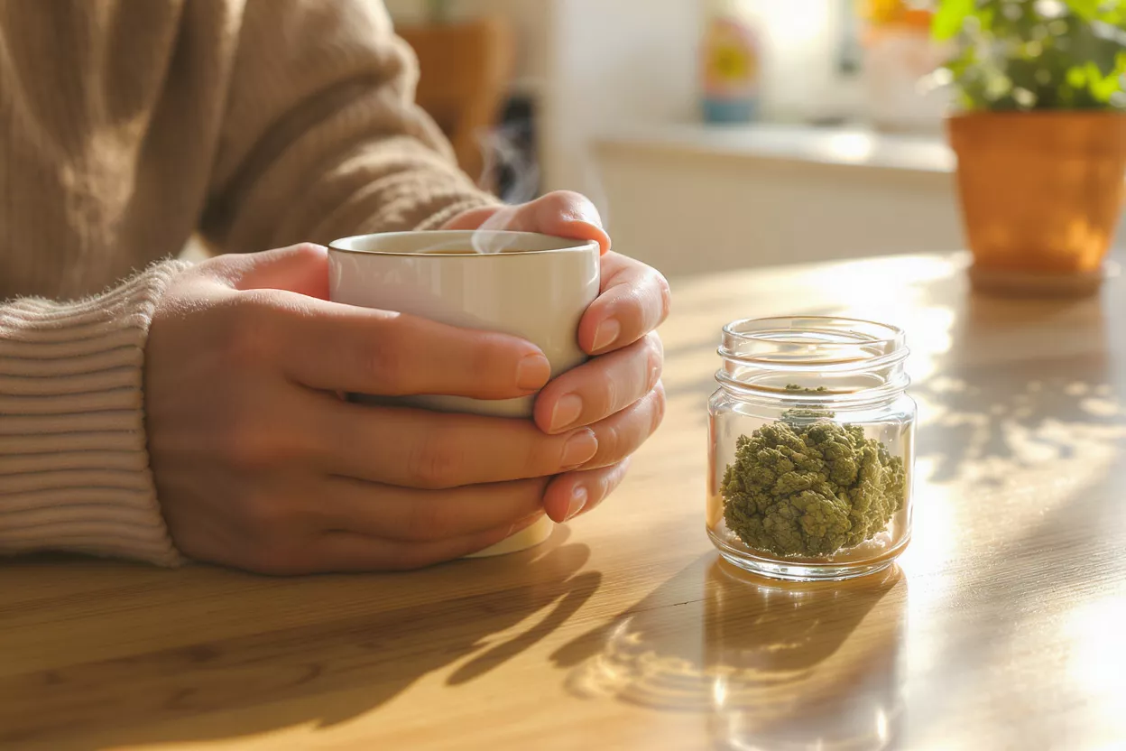 Hands holding a warm mug next to a jar of green herbs on a sunny table.