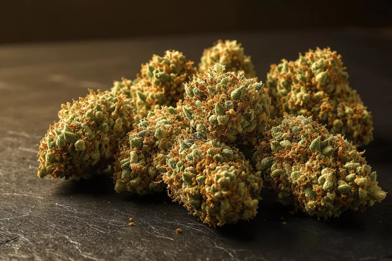 Close-up of several vibrant green and orange cannabis buds on a dark surface.