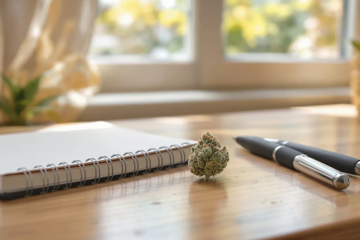 A cannabis bud sits on a wooden desk next to a notebook and two pens.