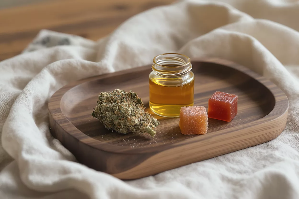 Cannabis bud, oil, and gummies on a wooden tray with a white cloth.