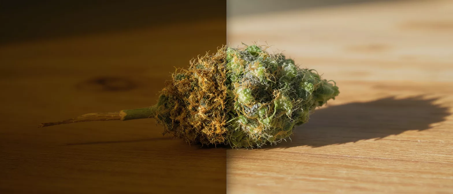 Close-up of a cannabis bud with green and orange hues on a wooden surface.