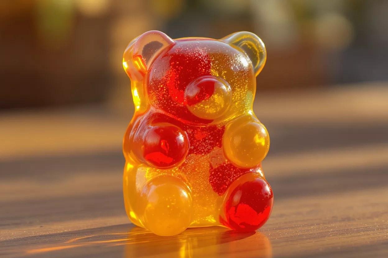 Close-up of a translucent red and orange gummy bear on a wooden surface.