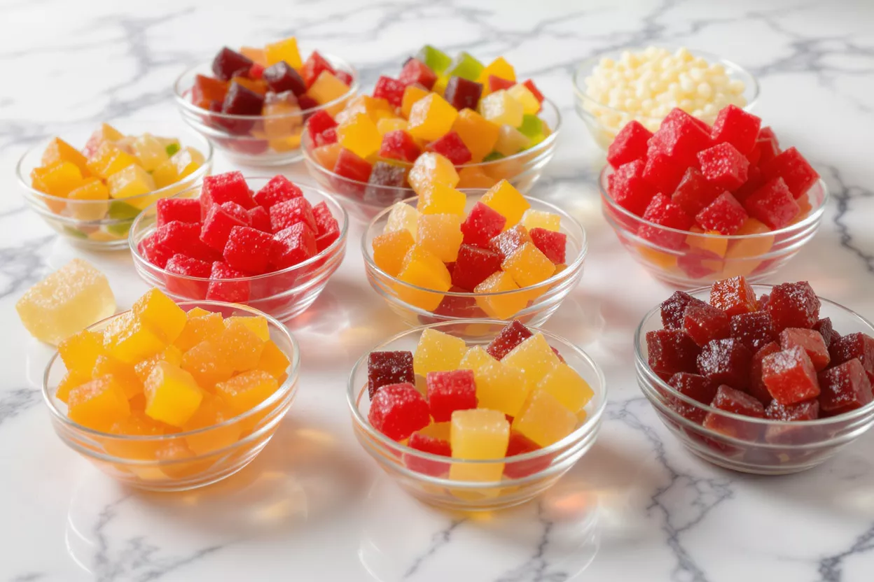 Assortment of vibrant fruit gummies in various colors and flavors in glass bowls.