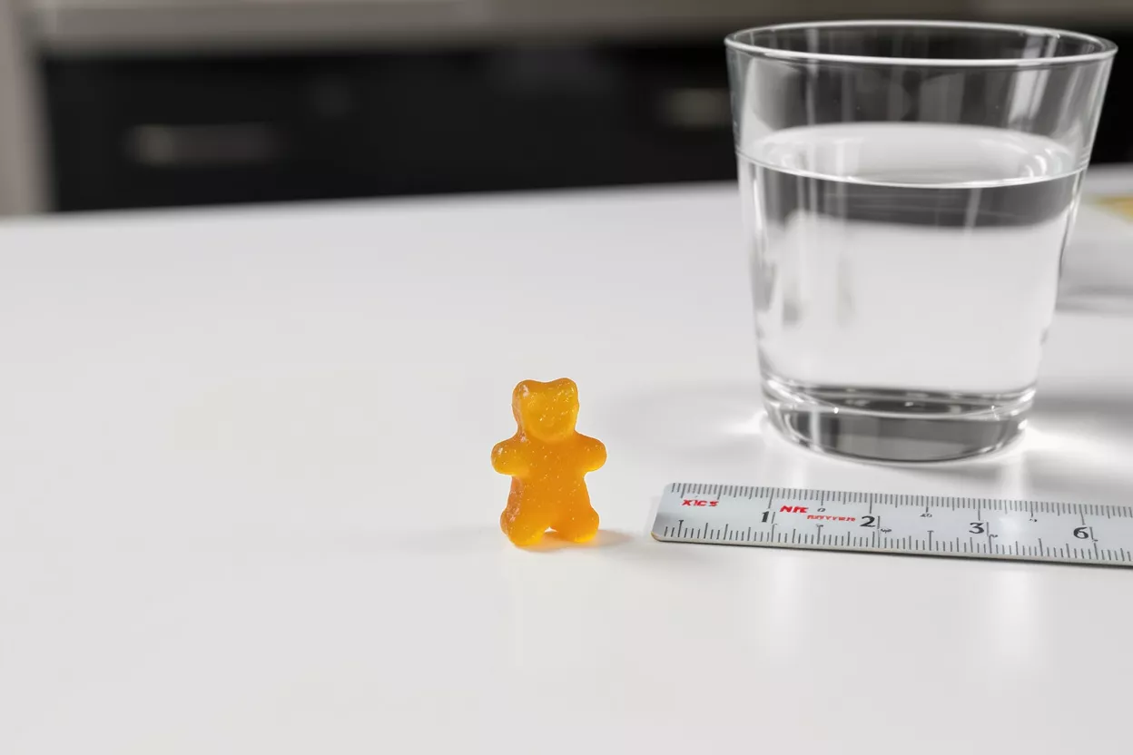 An orange gummy bear next to a ruler and a glass of water.
