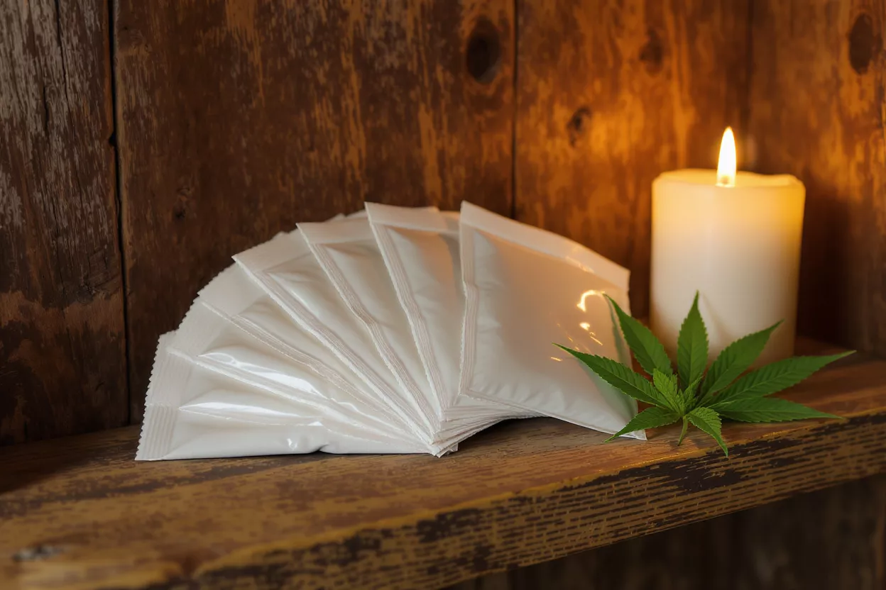White sachets, a lit candle, and a green hemp leaf on a wooden shelf.