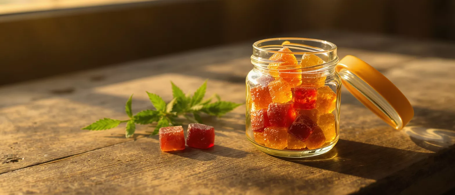 A glass jar filled with red and orange cannabis gummies on a wooden table.