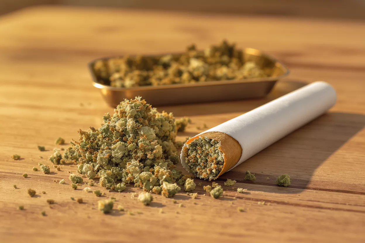 Close-up of a pre-rolled cannabis joint next to a pile of ground flower.