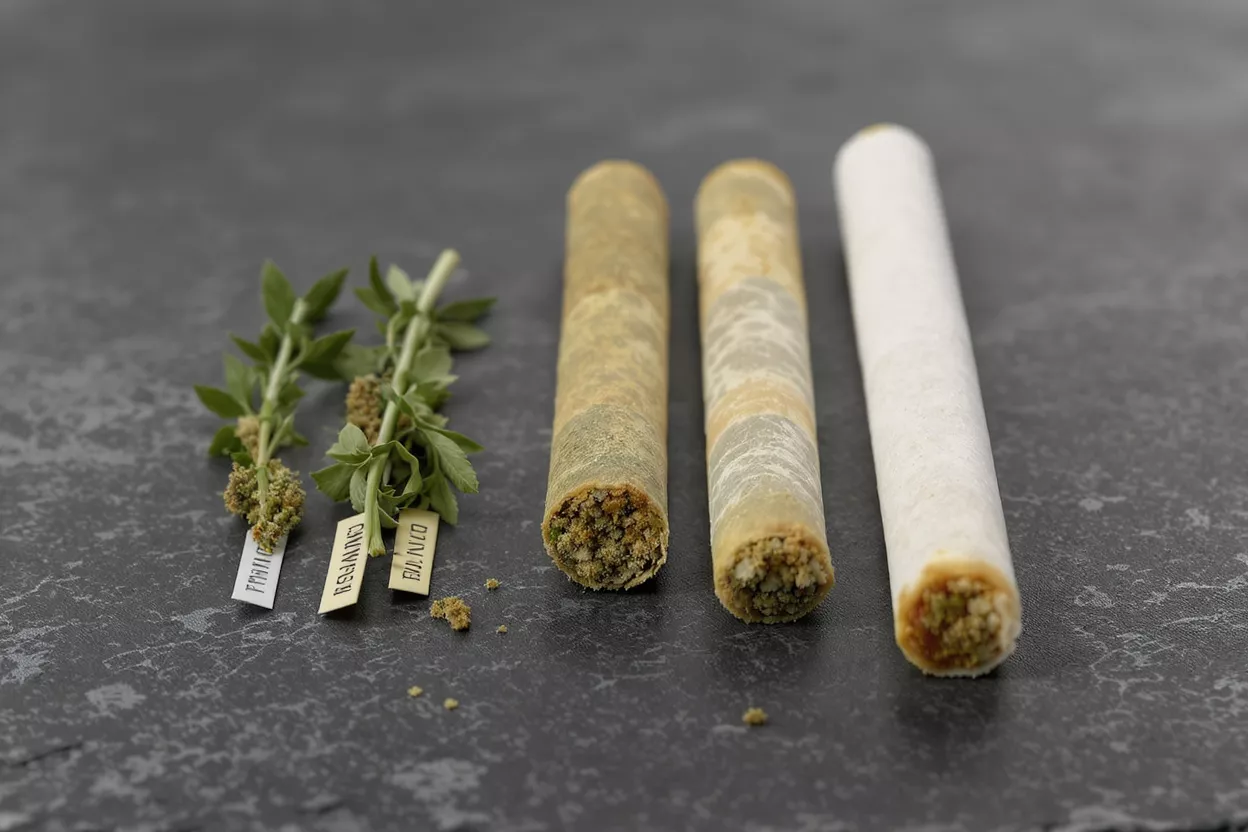 Three pre-rolled cannabis joints and two labeled cannabis buds on a dark surface.