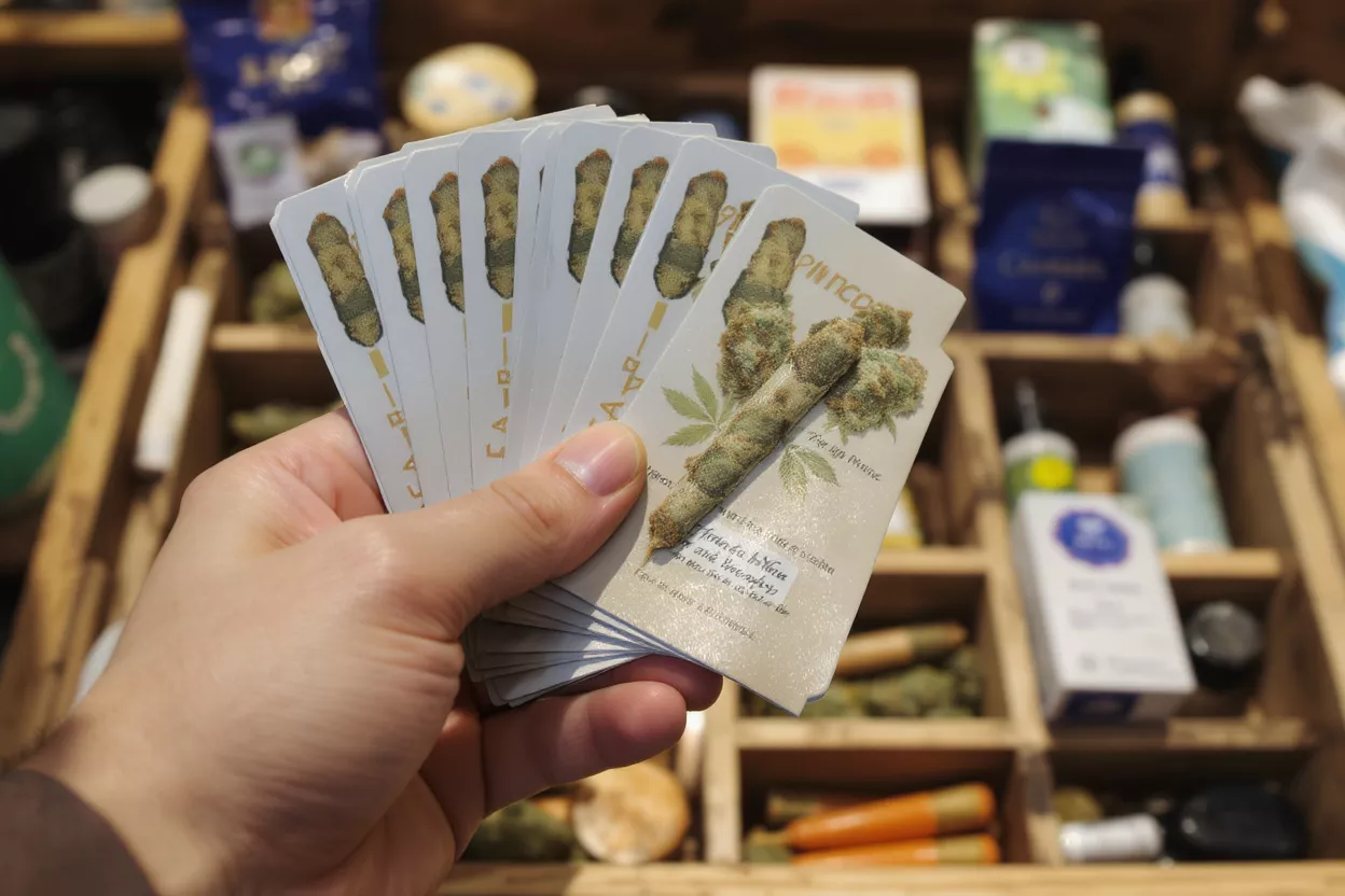 Hand holding multiple product cards featuring cannabis buds and pre-rolls.