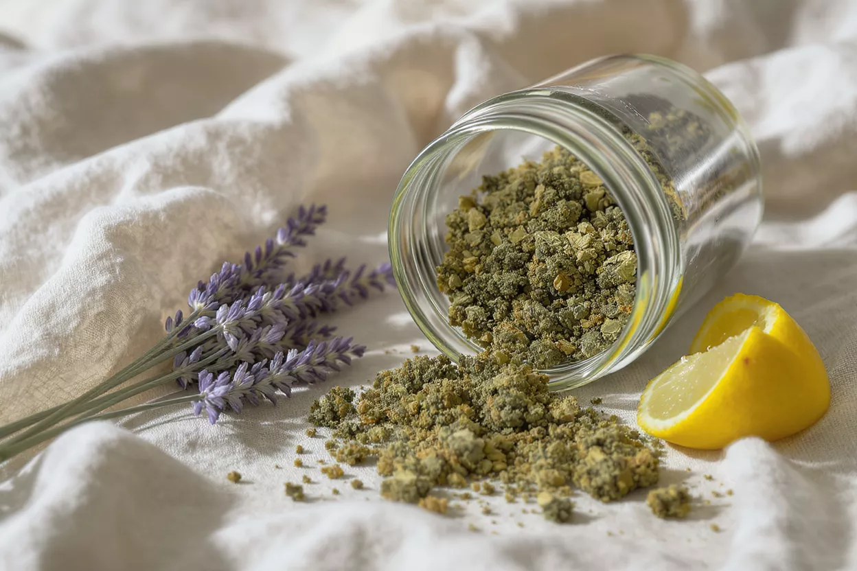Herb mix spilling from jar with lavender and lemon on white fabric.