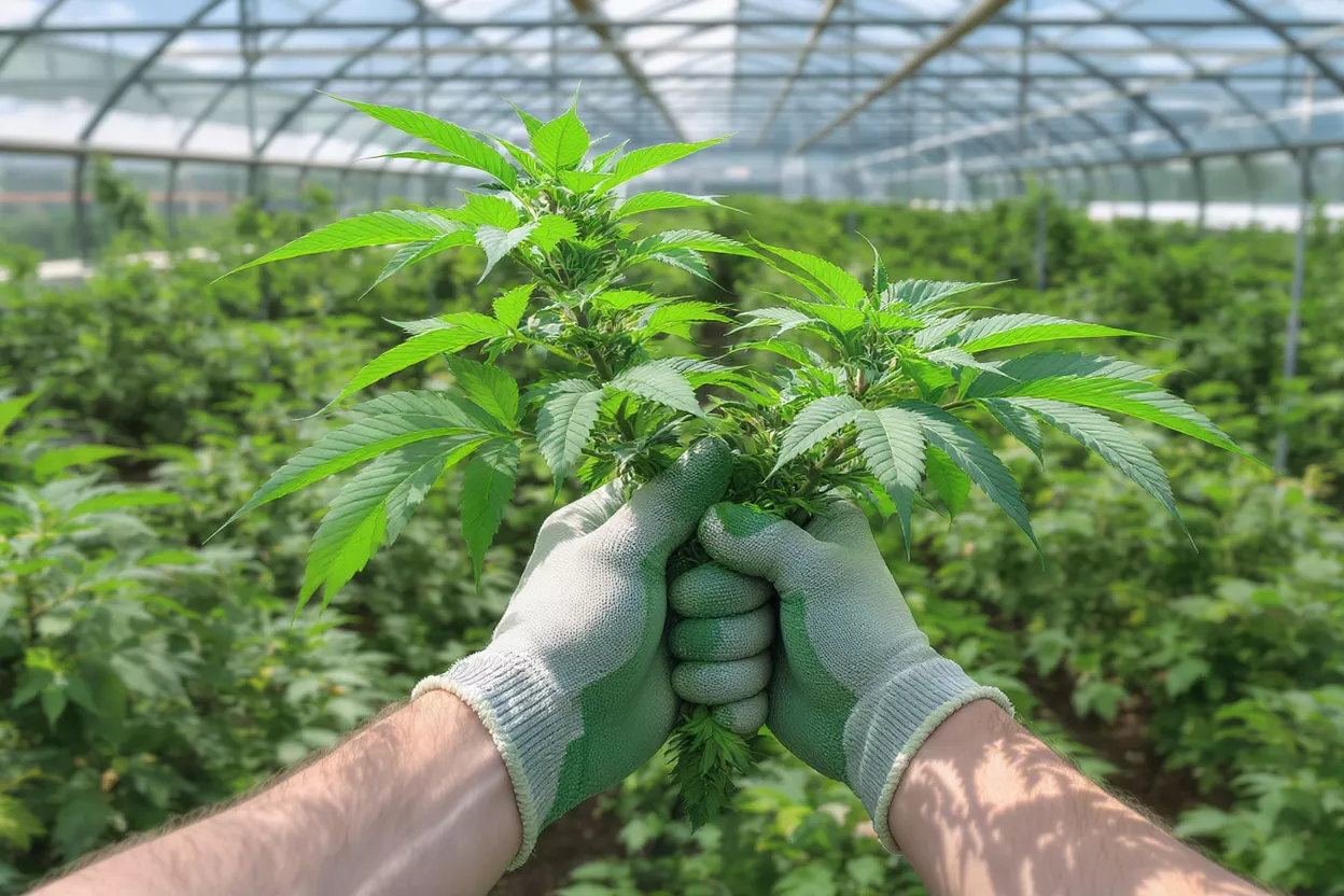 Mains Tenant une Plante de Cannabis dans une Serre Des mains gantées tenant une plante de cannabis vert vif dans une grande serre.