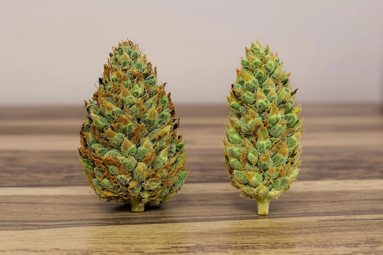 Deux têtes de cannabis Deux têtes de cannabis vertes et orange vibrantes, debout sur une table en bois.