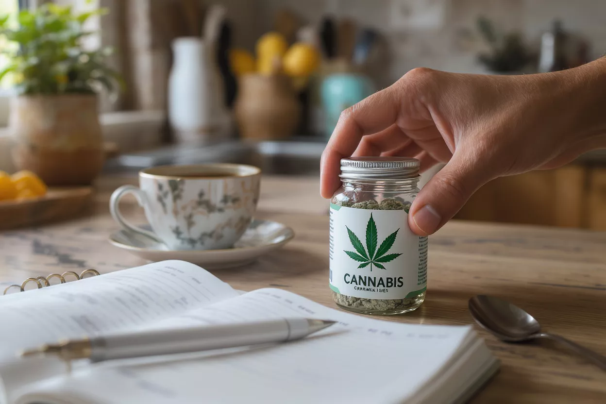 Bocal de cannabis : routine du matin Main tenant un bocal de cannabis sur une table avec du café et un carnet.