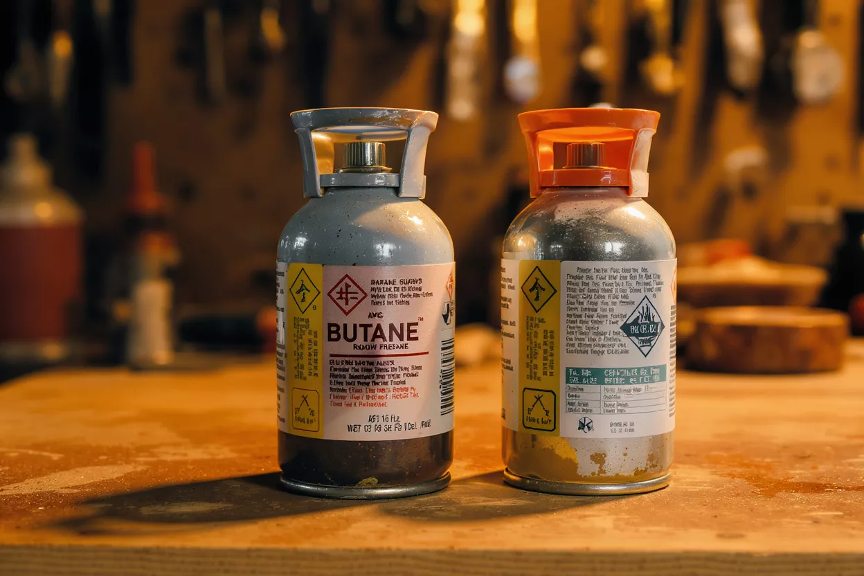 Two butane canisters, one gray and one gold, on a wooden workshop table.