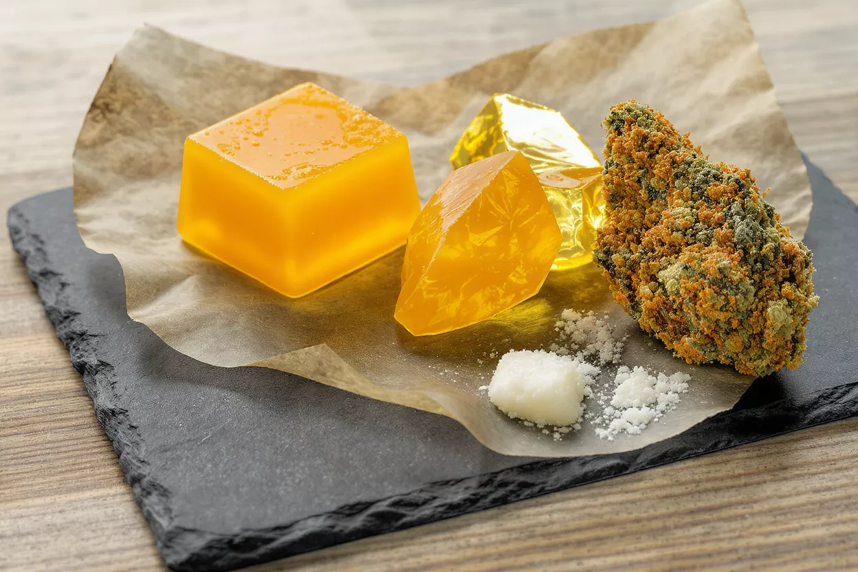 Various cannabis products: gummy, shatter, wax, flower, and kief on parchment paper.