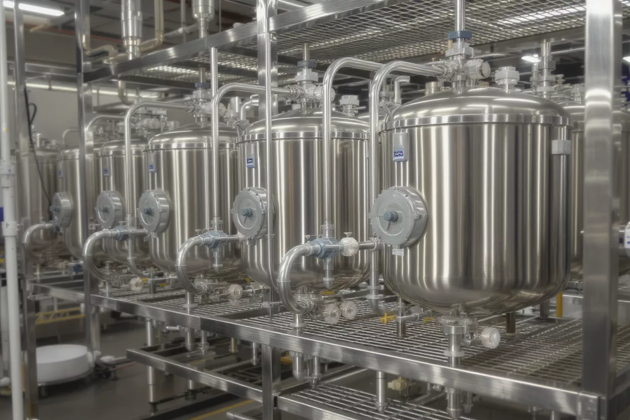 Row of shiny stainless steel industrial tanks with pipes and gauges in a factory.
