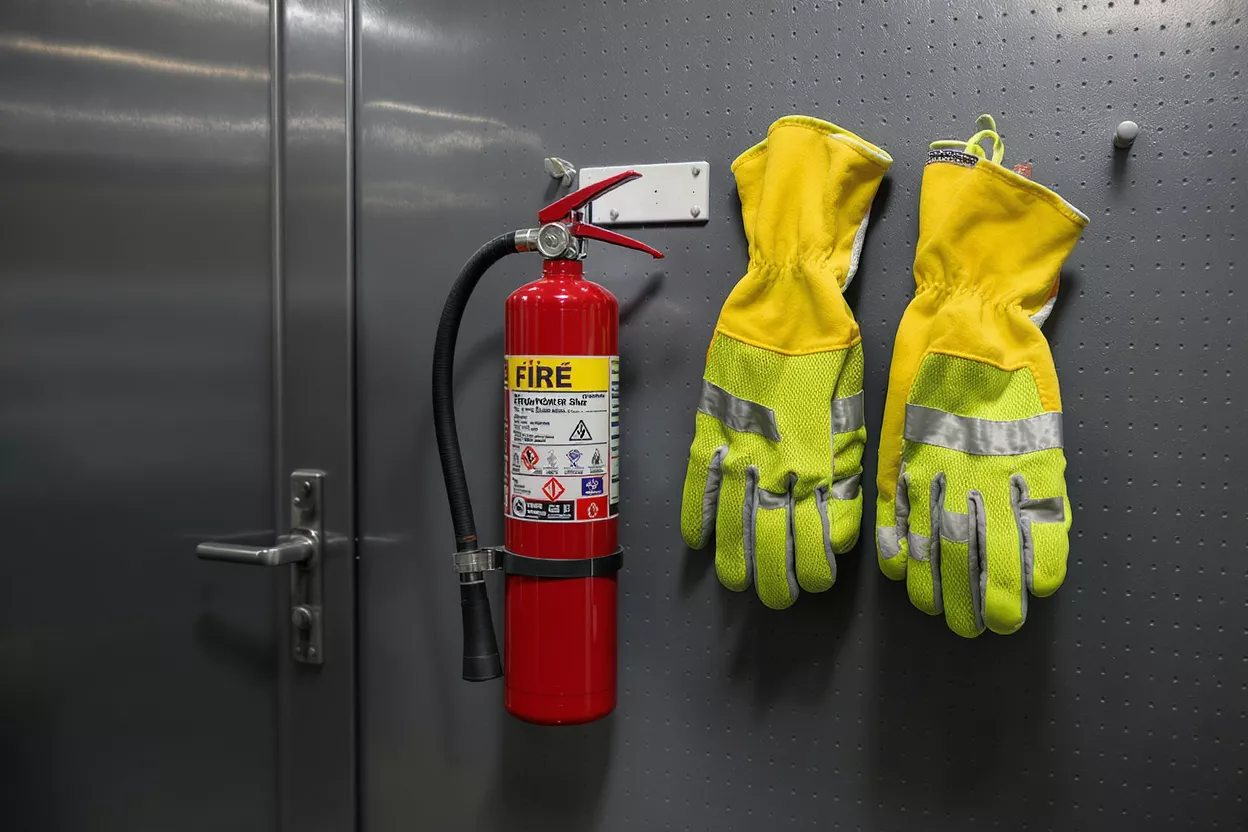 Red fire extinguisher and yellow safety gloves hanging on a dark wall.