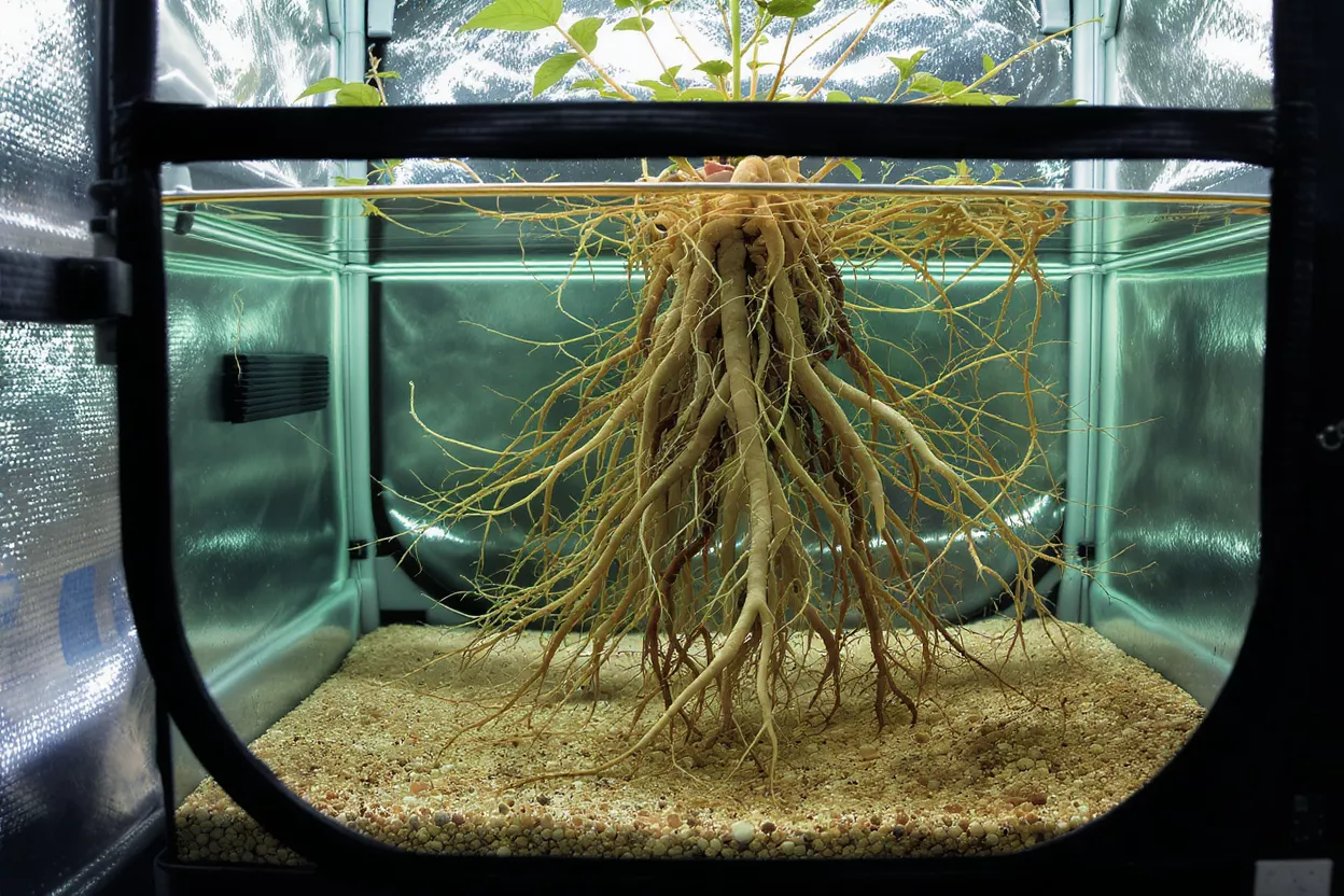 Detailed view of a plant's extensive root system in a hydroponic grow tent.