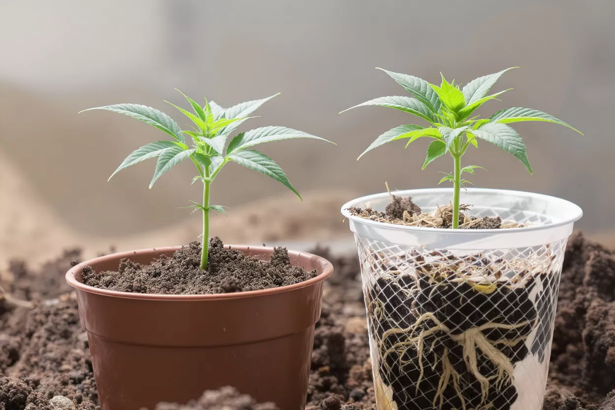 Two young cannabis seedlings in pots, one showing visible root structure.