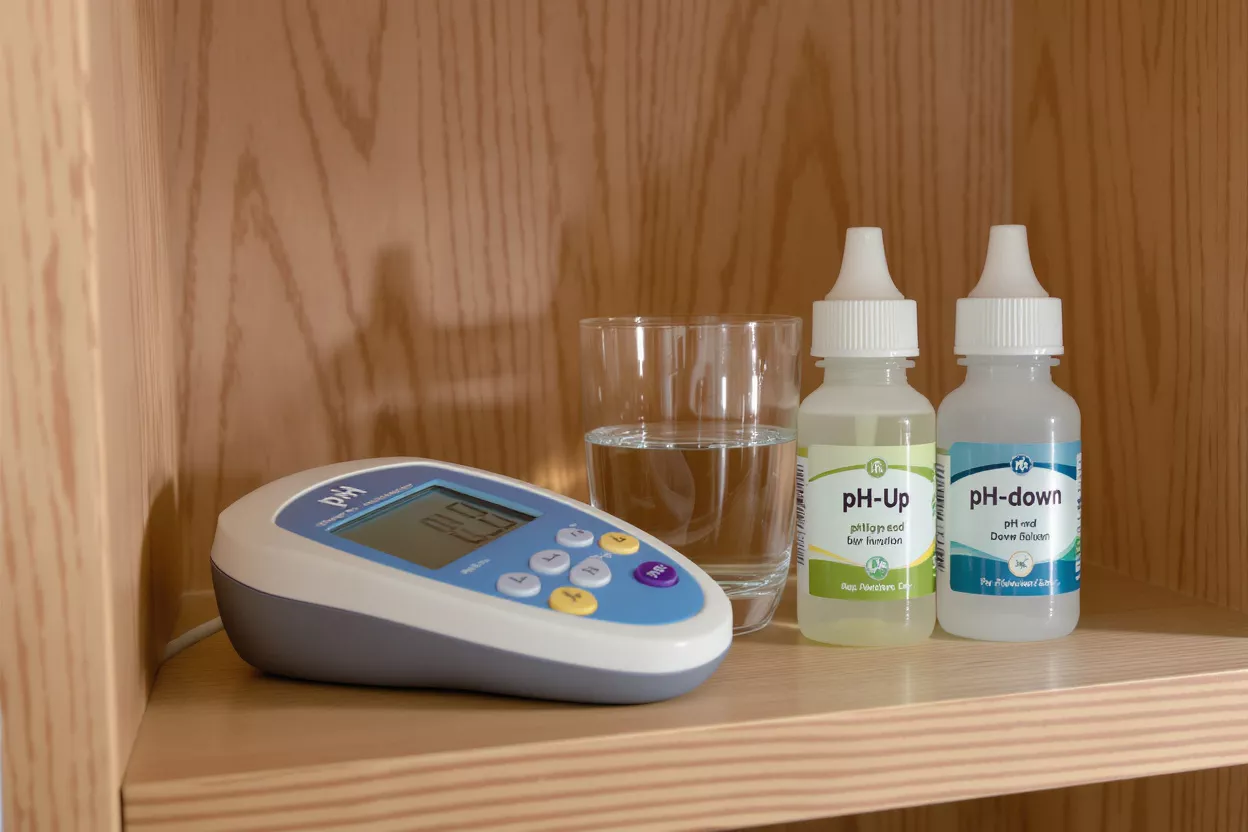 Digital pH meter, glass of water, and pH Up/Down solutions on a wooden shelf.