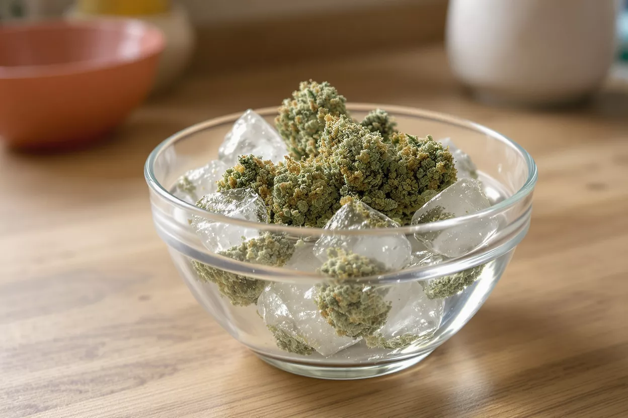 Primer plano de capullos de cannabis y cubitos de hielo en un recipiente de vidrio transparente.