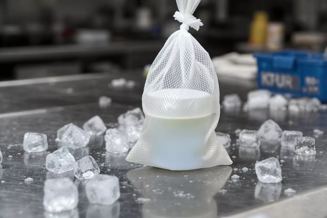 Una bolsa de malla blanca que contiene leche, rodeada de cubitos de hielo sobre una superficie metálica.