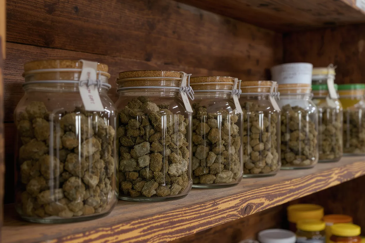 Frascos de vidrio llenos de cogollos de cannabis alinean un estante de madera rústica.