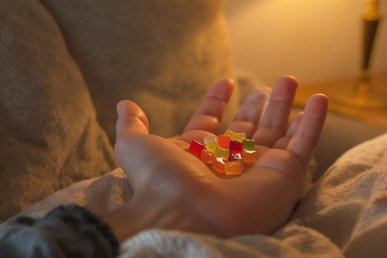 A hand holds a small pile of brightly colored, translucent square gummy candies.