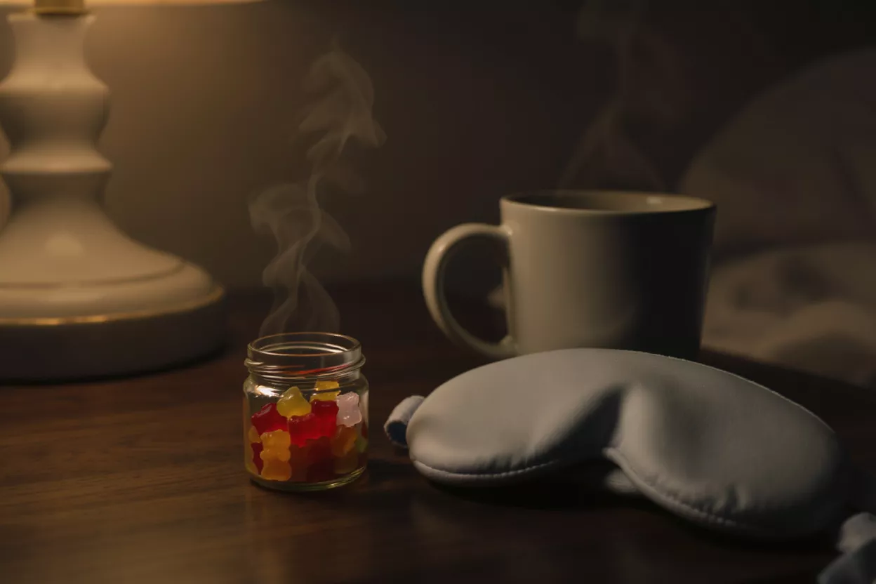 Jar of colorful gummies with steam, mug, and sleep mask on a bedside table.
