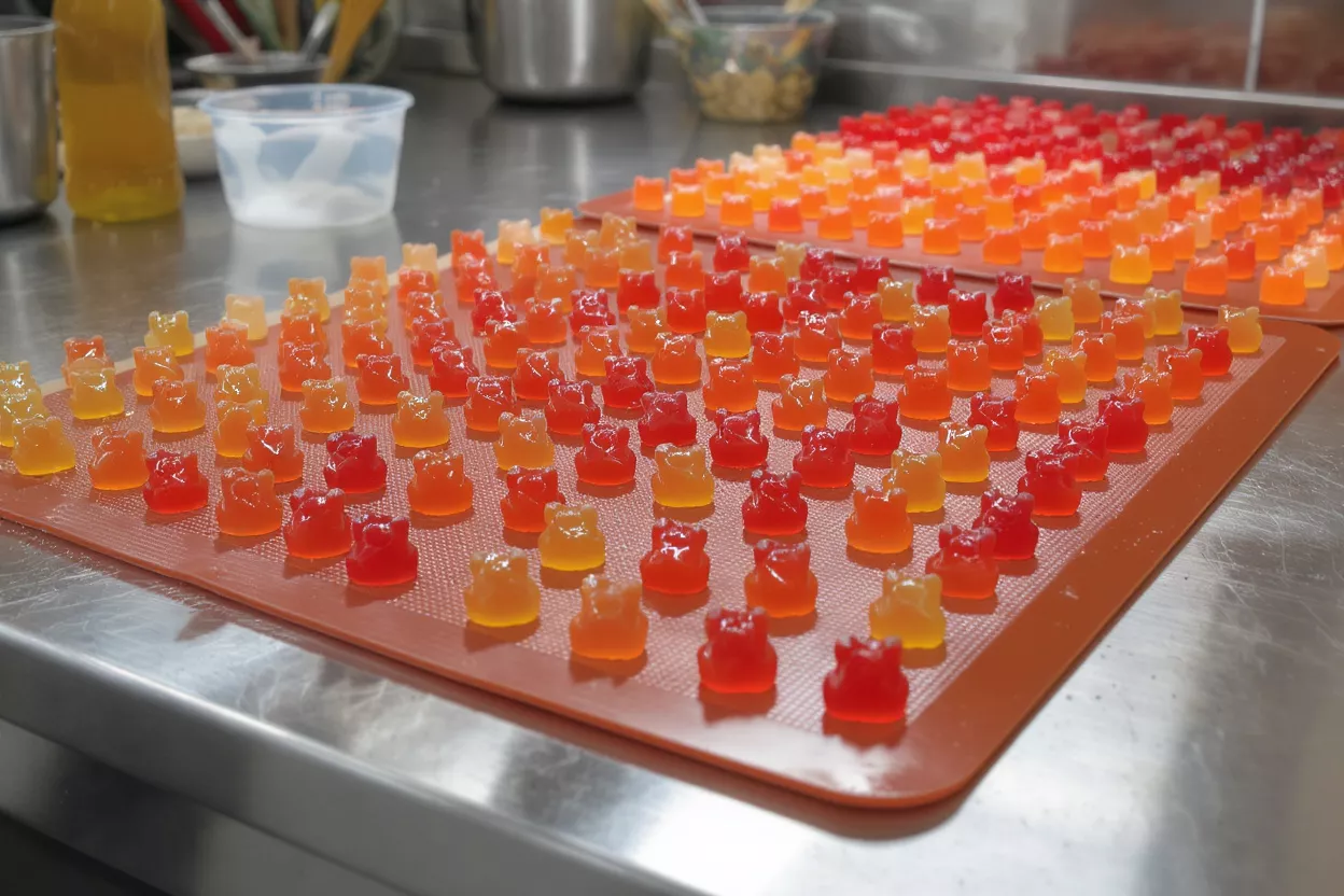 Rows of red, orange, and yellow gummy bears on silicone mats.
