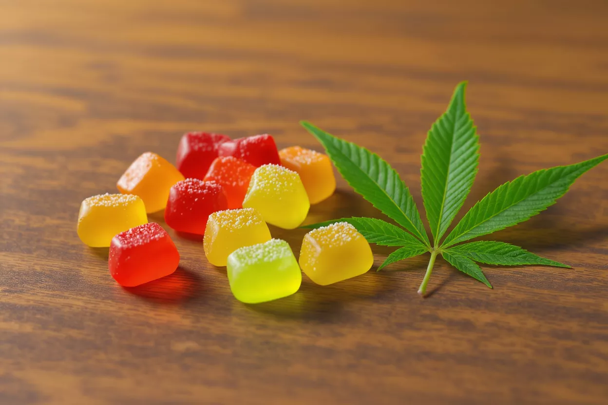 Colorful cannabis gummies and a green leaf on a wooden surface.