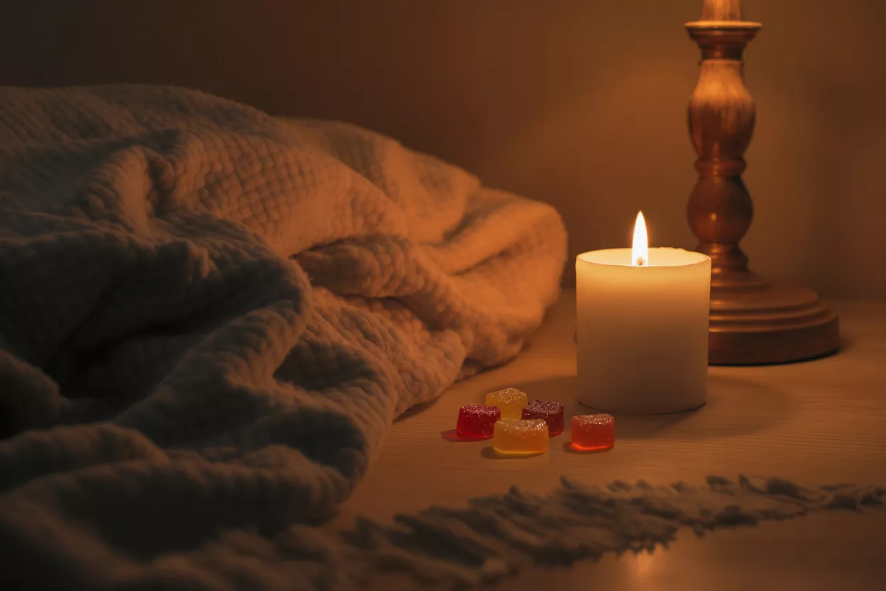 Warm image of gummies, a lit candle, and a soft blanket on a wooden surface.