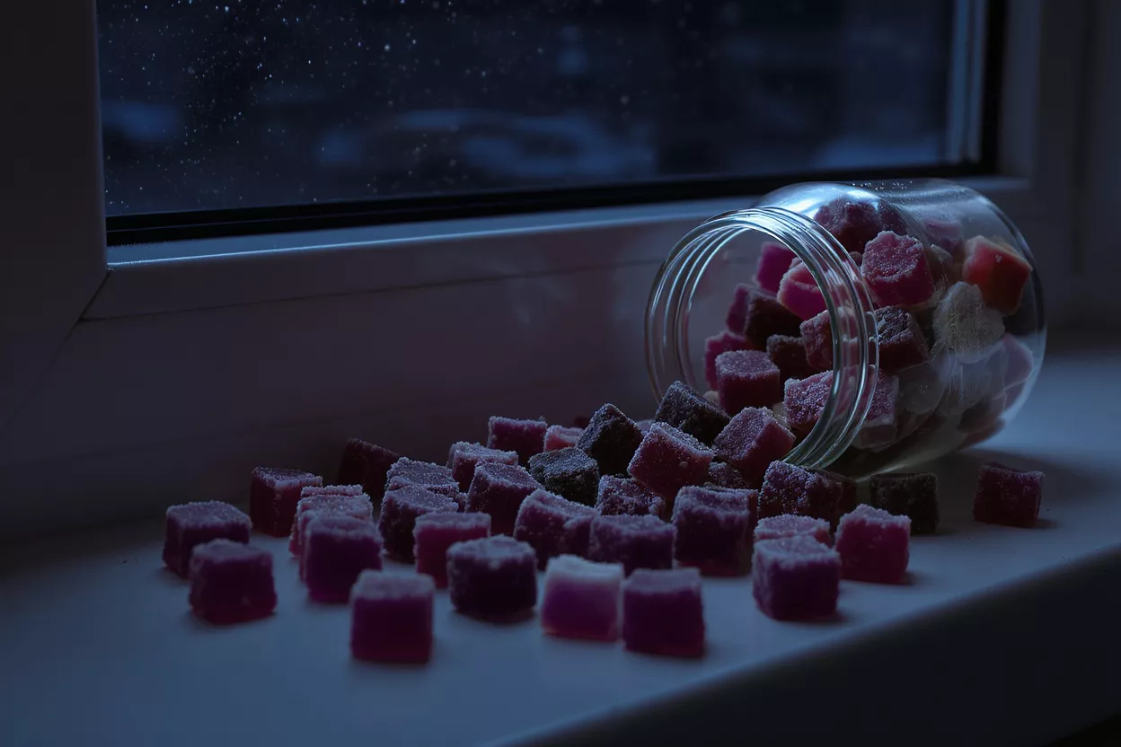 Colorful gummy candies spilled from a jar onto a windowsill at night.