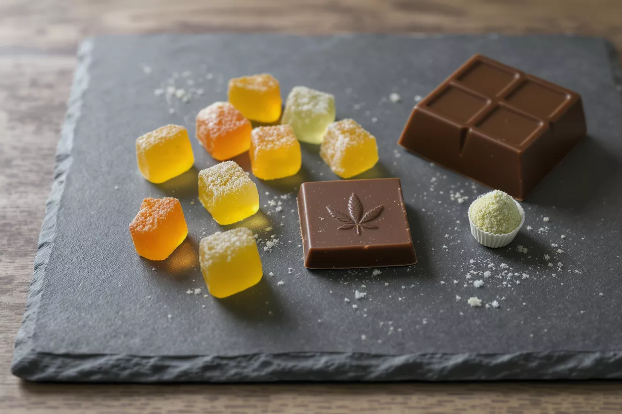 Assortment of cannabis-infused gummies, chocolate bars, and a small powder cup on slate.