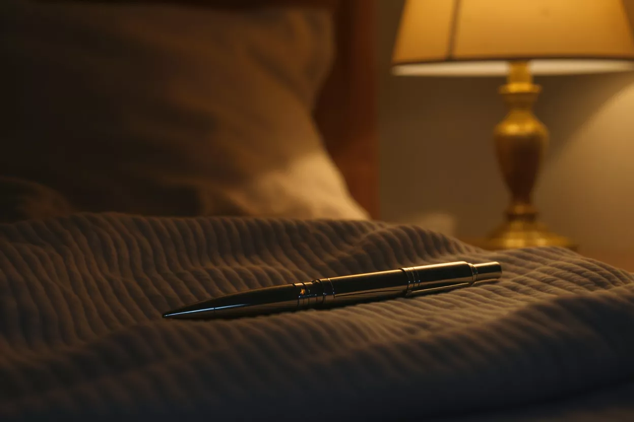A metallic pen rests on a textured blanket beside a glowing lamp.